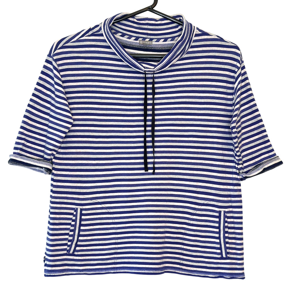 Talbots Top Women 2X Blue Stripe Short Sleeve Funnel Neck Nautical Beachy Preppy